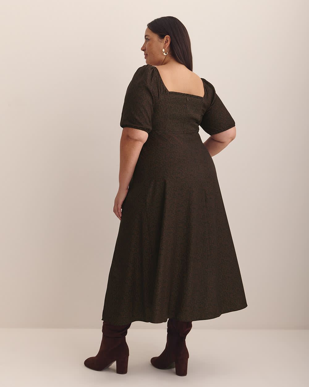 Sweetheart Midi Dress with Balloon Sleeves - Addition Elle Chicory coffee printed