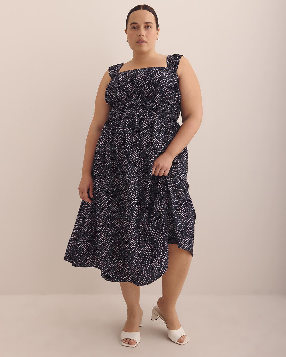 Sleeveless Wavy Dotted Smocked Midi Dress Sky captain printed