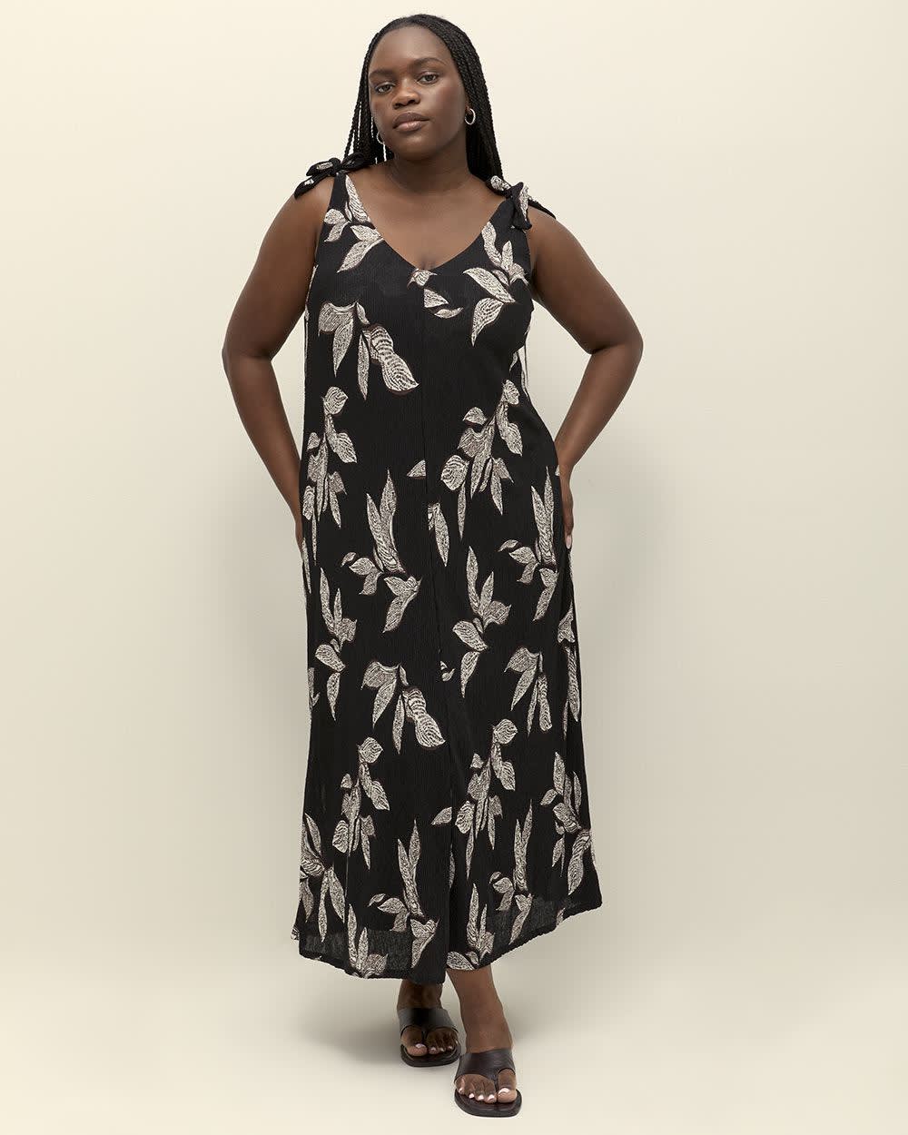 Maxi Dress with Shoulder Ties Black printed