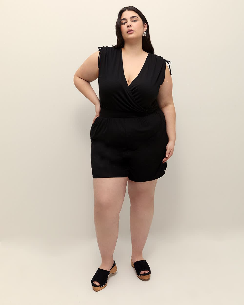 Sleeveless V-Neck Romper with Shoulder Ties Black