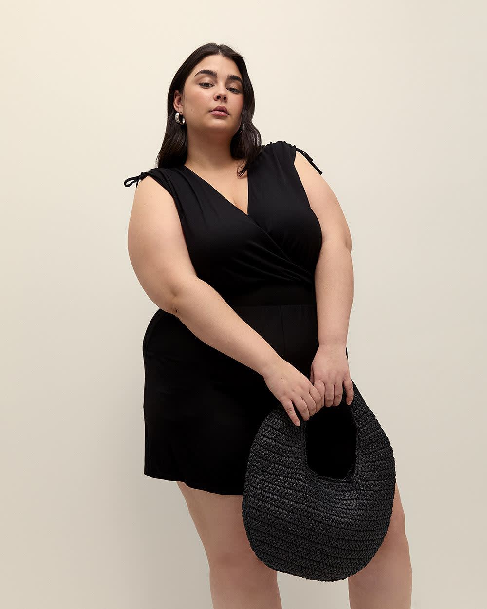Sleeveless V-Neck Romper with Shoulder Ties Black