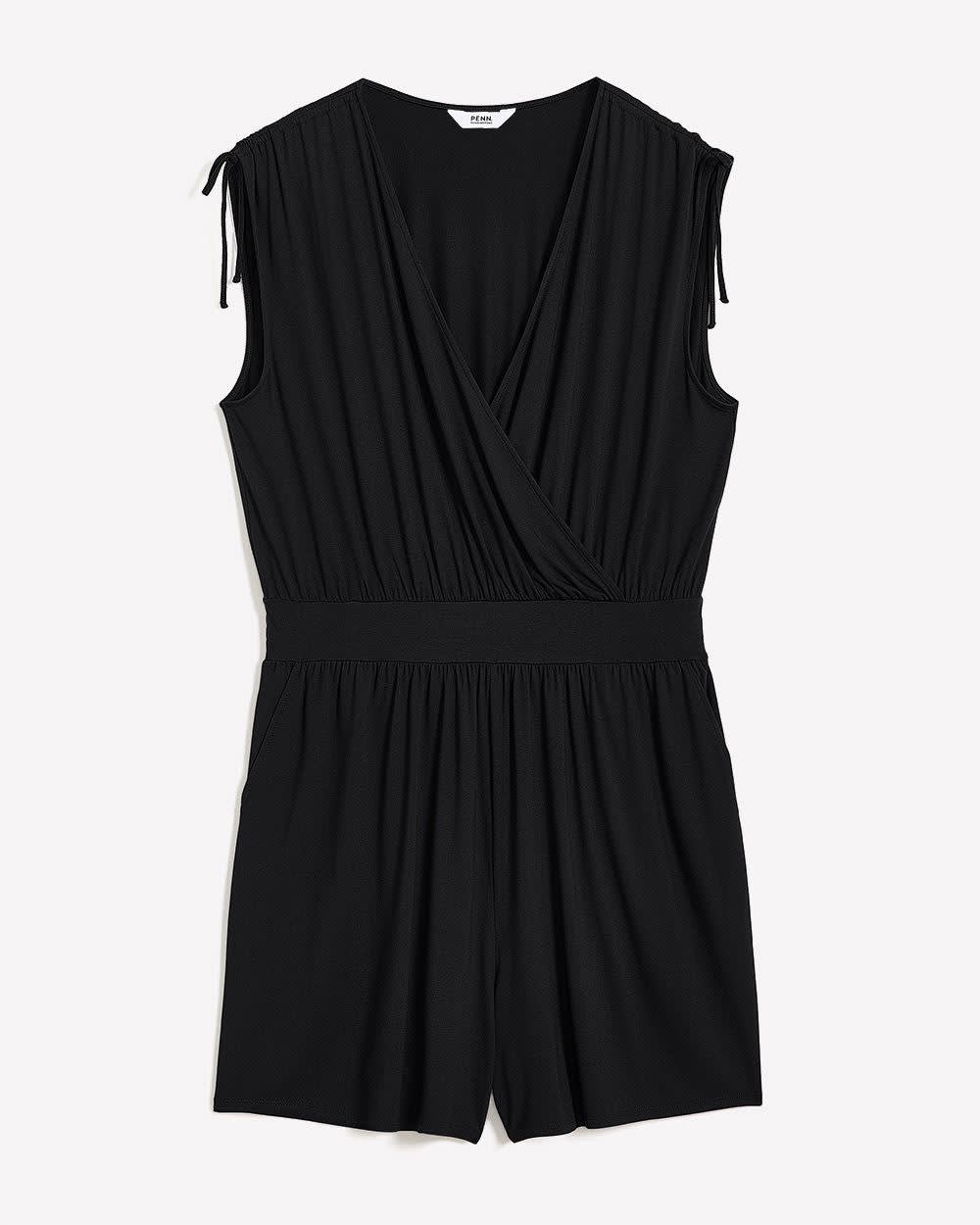 Sleeveless V-Neck Romper with Shoulder Ties Black