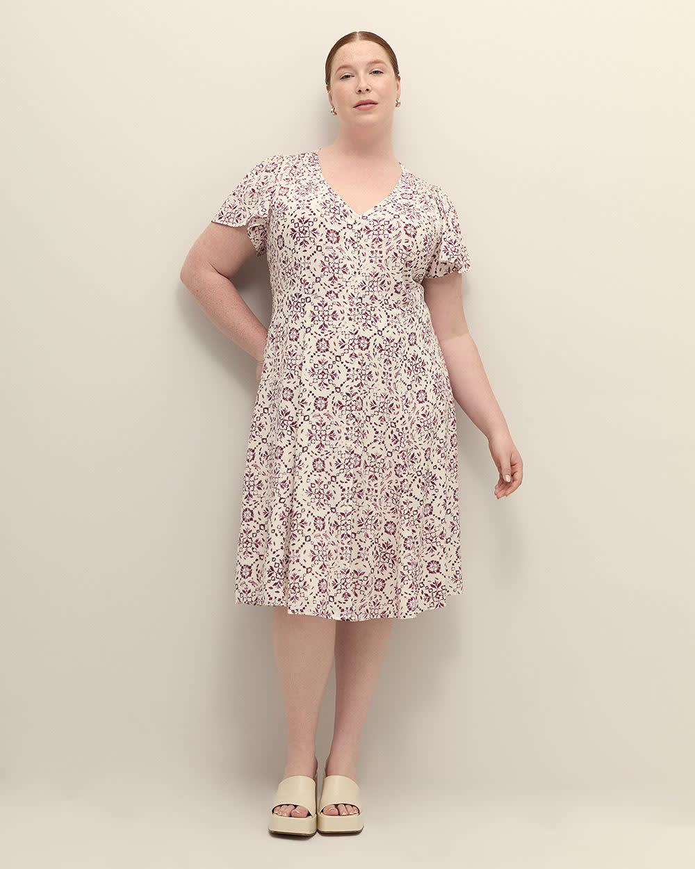 Responsible, Printed Flutter-Sleeve V-Neck Dress with Godets Snow white printed 1 Responsible, Printed Flutter-Sleeve V-Neck Dress with Godets Snow white printed