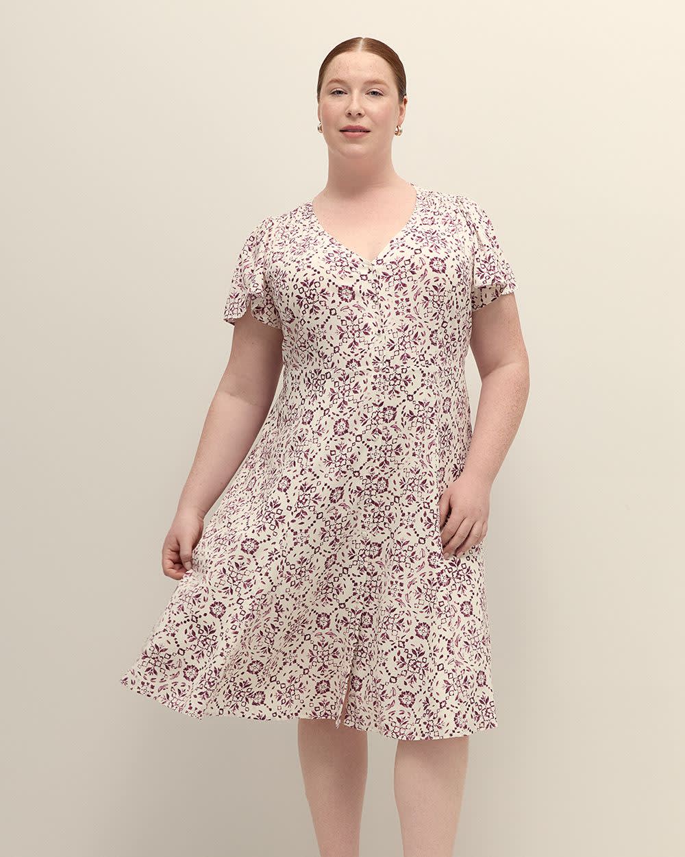 Responsible, Printed Flutter-Sleeve V-Neck Dress with Godets Snow white printed 2 Responsible, Printed Flutter-Sleeve V-Neck Dress with Godets Snow white printed