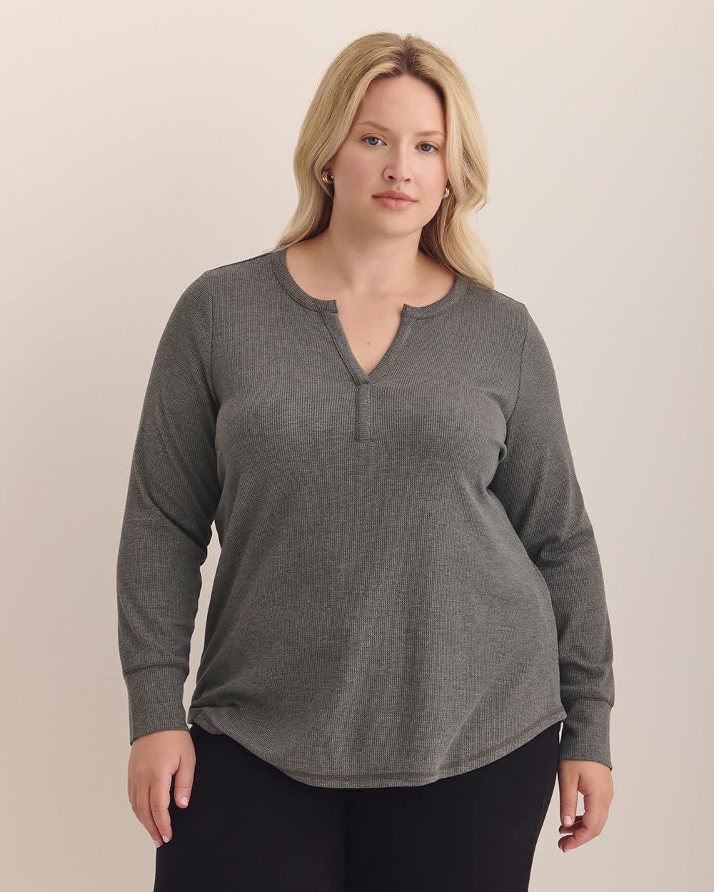 Long-Sleeve Split-Neck Waffle Knit Top Grey mix 1 Long-Sleeve Split-Neck Waffle Knit Top Grey mix