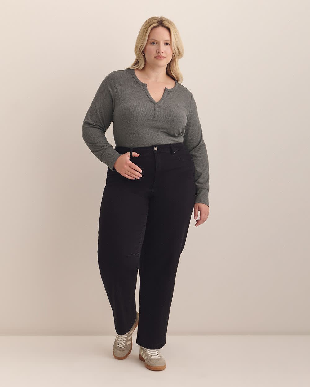 Long-Sleeve Split-Neck Waffle Knit Top Grey mix 2 Long-Sleeve Split-Neck Waffle Knit Top Grey mix