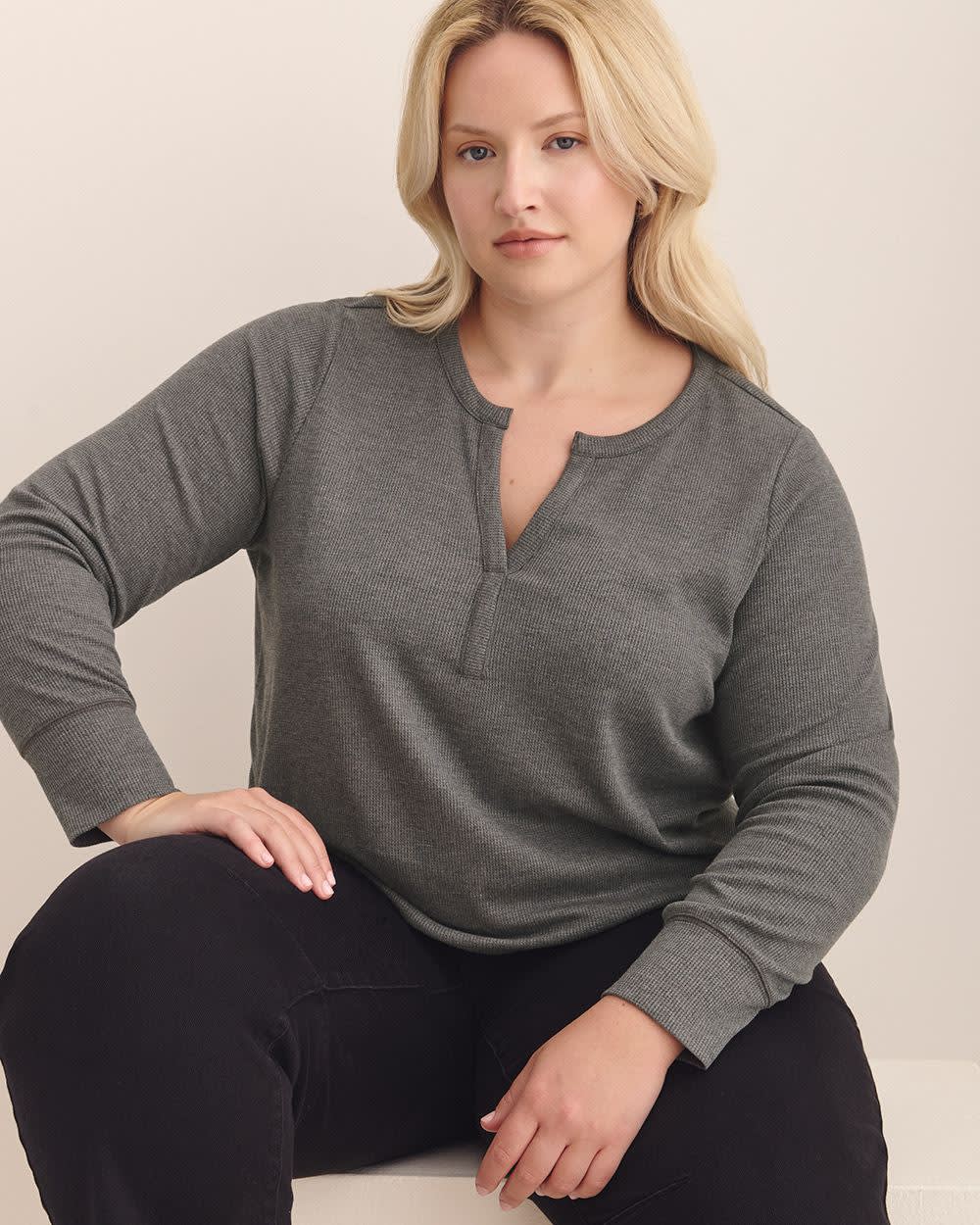Long-Sleeve Split-Neck Waffle Knit Top Grey mix 4 Long-Sleeve Split-Neck Waffle Knit Top Grey mix