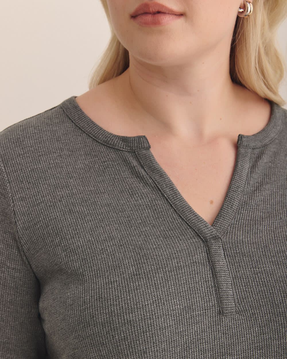 Long-Sleeve Split-Neck Waffle Knit Top Grey mix 5 Long-Sleeve Split-Neck Waffle Knit Top Grey mix