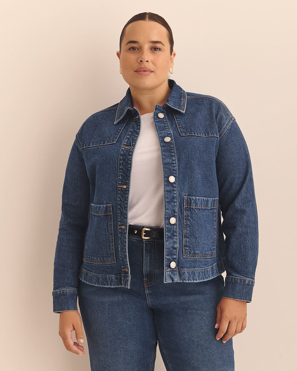 Cropped Utility Denim Jacket - Addition Elle Dark medium blue denim 1 Cropped Utility Denim Jacket - Addition Elle Dark medium blue denim