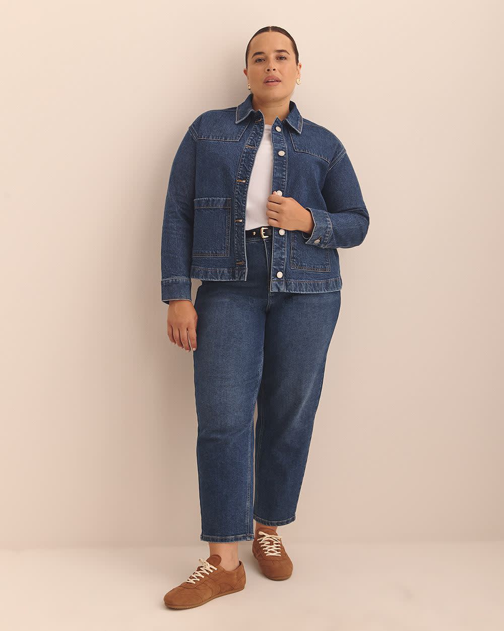 Cropped Utility Denim Jacket - Addition Elle Dark medium blue denim 2 Cropped Utility Denim Jacket - Addition Elle Dark medium blue denim