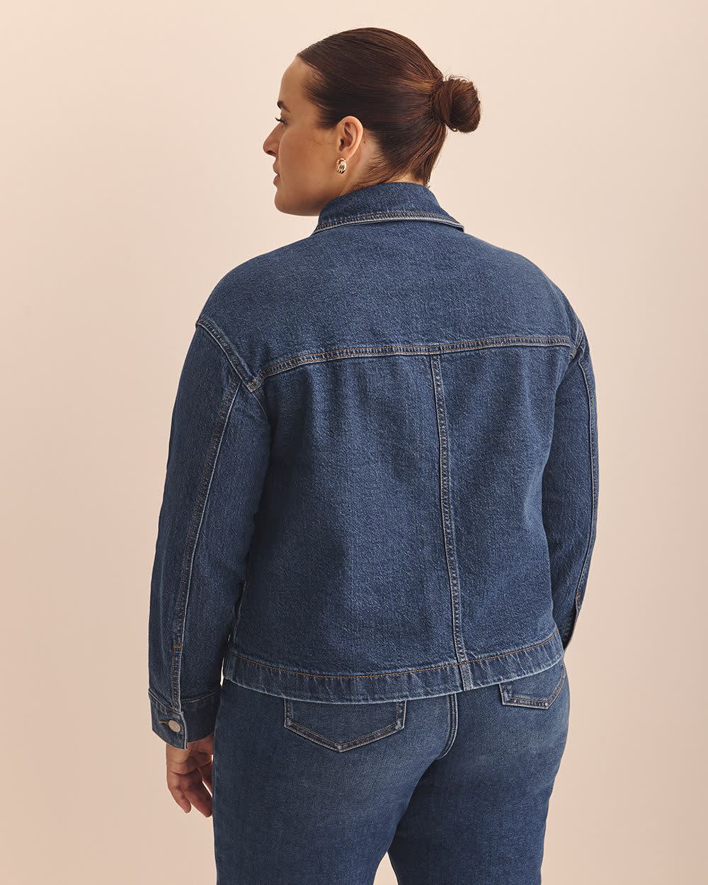 Cropped Utility Denim Jacket - Addition Elle Dark medium blue denim 3 Cropped Utility Denim Jacket - Addition Elle Dark medium blue denim