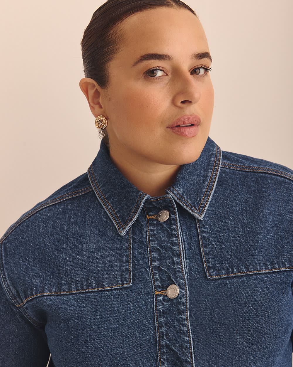 Cropped Utility Denim Jacket - Addition Elle Dark medium blue denim 4 Cropped Utility Denim Jacket - Addition Elle Dark medium blue denim