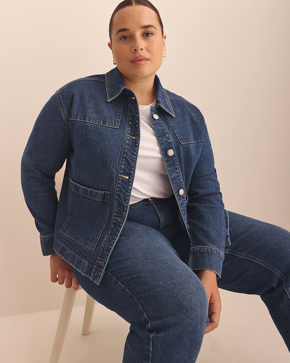 Cropped Utility Denim Jacket - Addition Elle Dark medium blue denim 5 Cropped Utility Denim Jacket - Addition Elle Dark medium blue denim