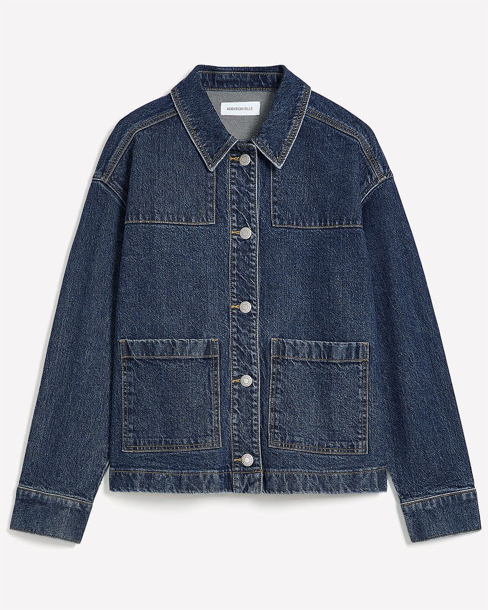 Cropped Utility Denim Jacket - Addition Elle Dark medium blue denim 6 Cropped Utility Denim Jacket - Addition Elle Dark medium blue denim