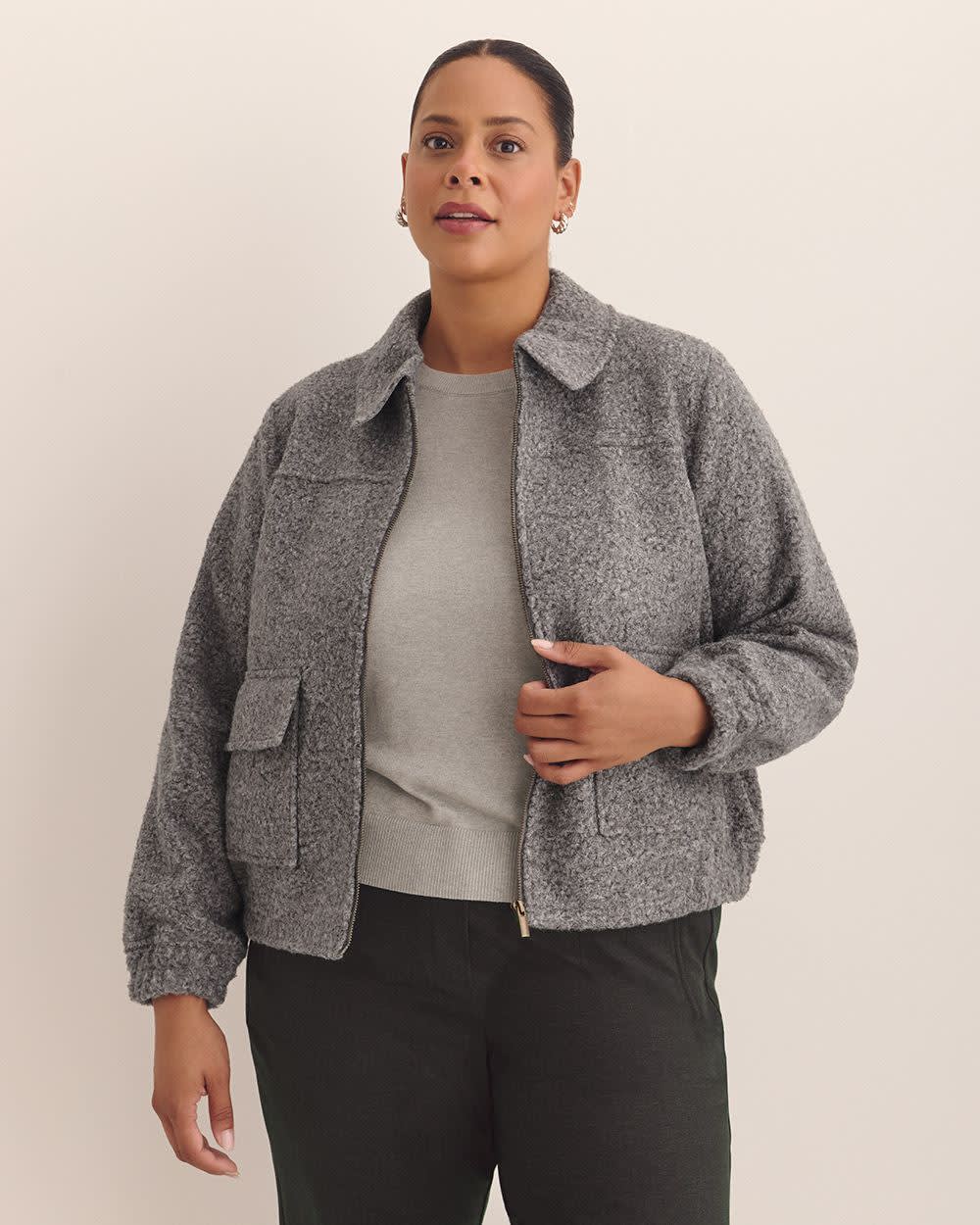 Short Grey Bouclé Bomber Jacket Grey mix