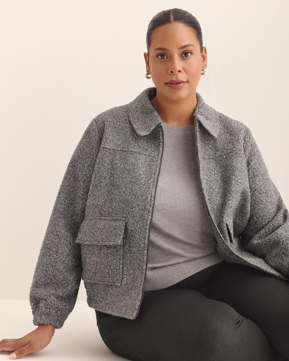 Short Grey Bouclé Bomber Jacket Grey mix