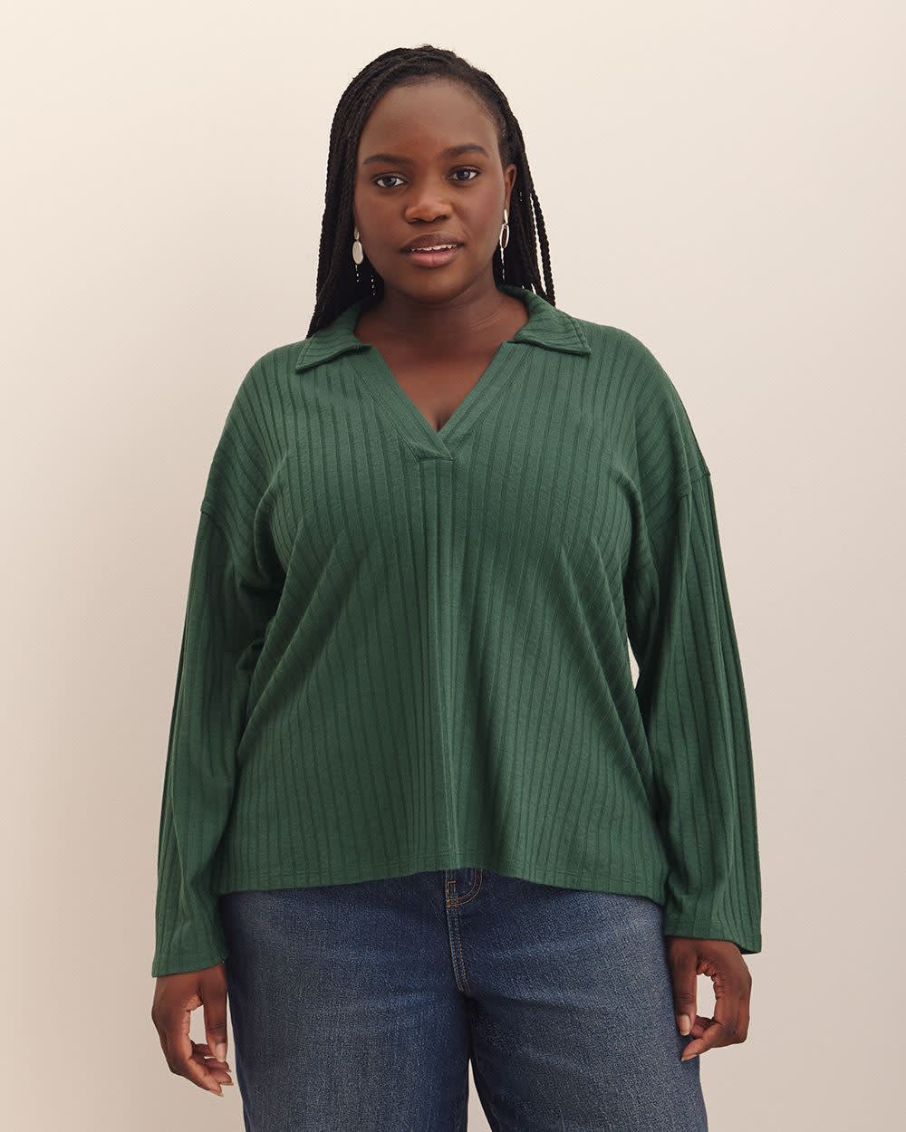 Ribbed Polo Knit Top Jungle green