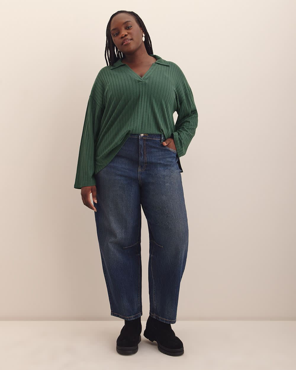 Ribbed Polo Knit Top Jungle green