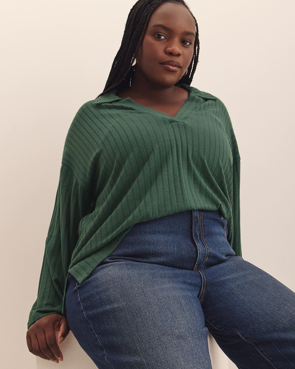 Ribbed Polo Knit Top Jungle green