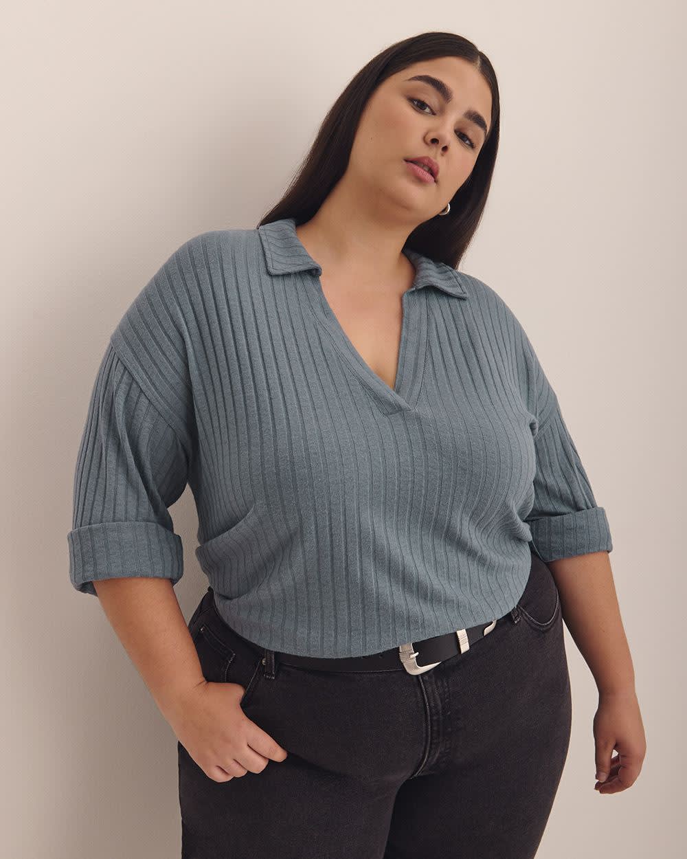 Ribbed Polo Knit Top Stormy weather 1 Ribbed Polo Knit Top Stormy weather