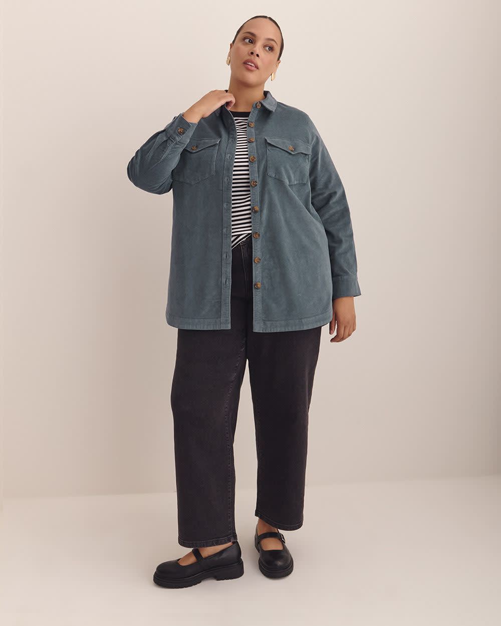 Corduroy Buttoned Down Shirt with Patch Pockets Stormy weather