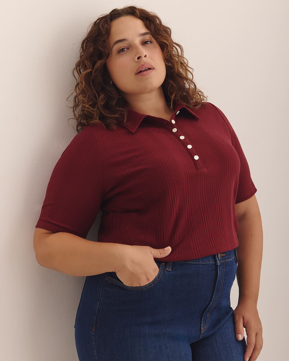 Ribbed Elbow-Sleeve Polo Knit Top Pomegranate 1 Ribbed Elbow-Sleeve Polo Knit Top Pomegranate