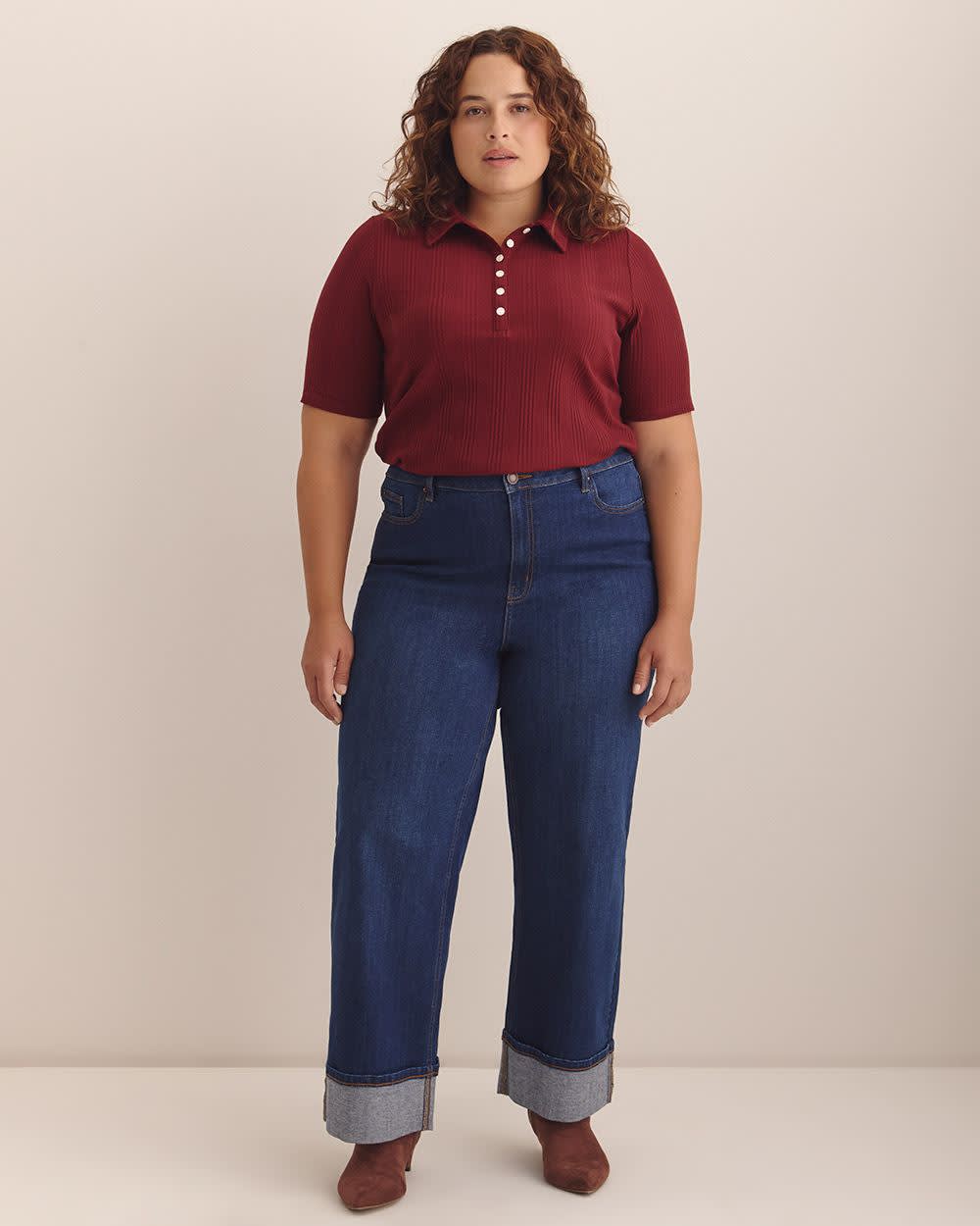 Ribbed Elbow-Sleeve Polo Knit Top Pomegranate 2 Ribbed Elbow-Sleeve Polo Knit Top Pomegranate
