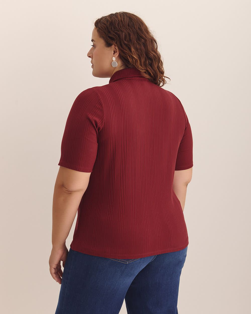 Ribbed Elbow-Sleeve Polo Knit Top Pomegranate 3 Ribbed Elbow-Sleeve Polo Knit Top Pomegranate
