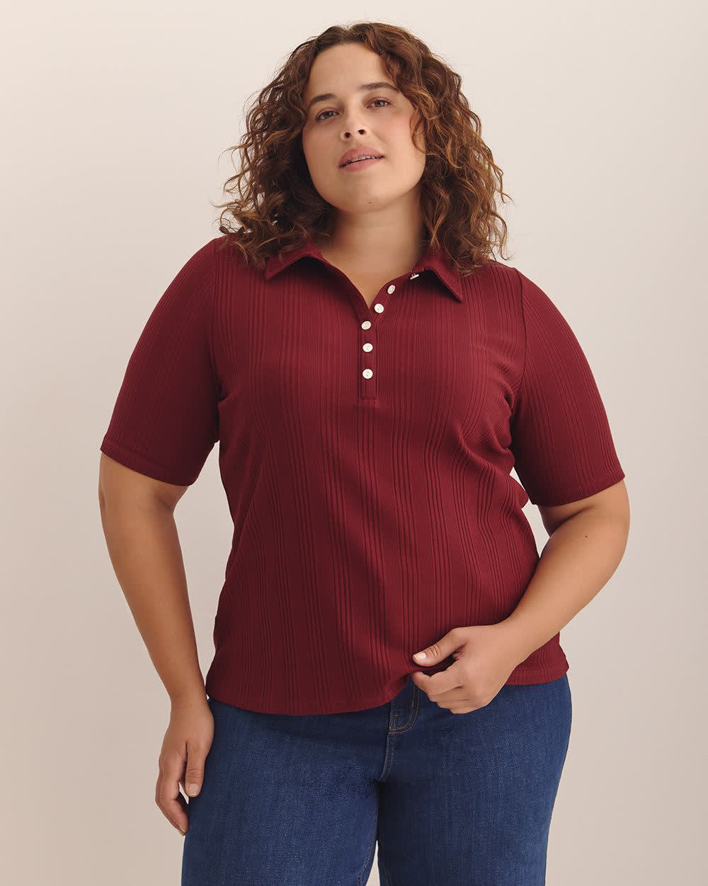 Ribbed Elbow-Sleeve Polo Knit Top Pomegranate 4 Ribbed Elbow-Sleeve Polo Knit Top Pomegranate