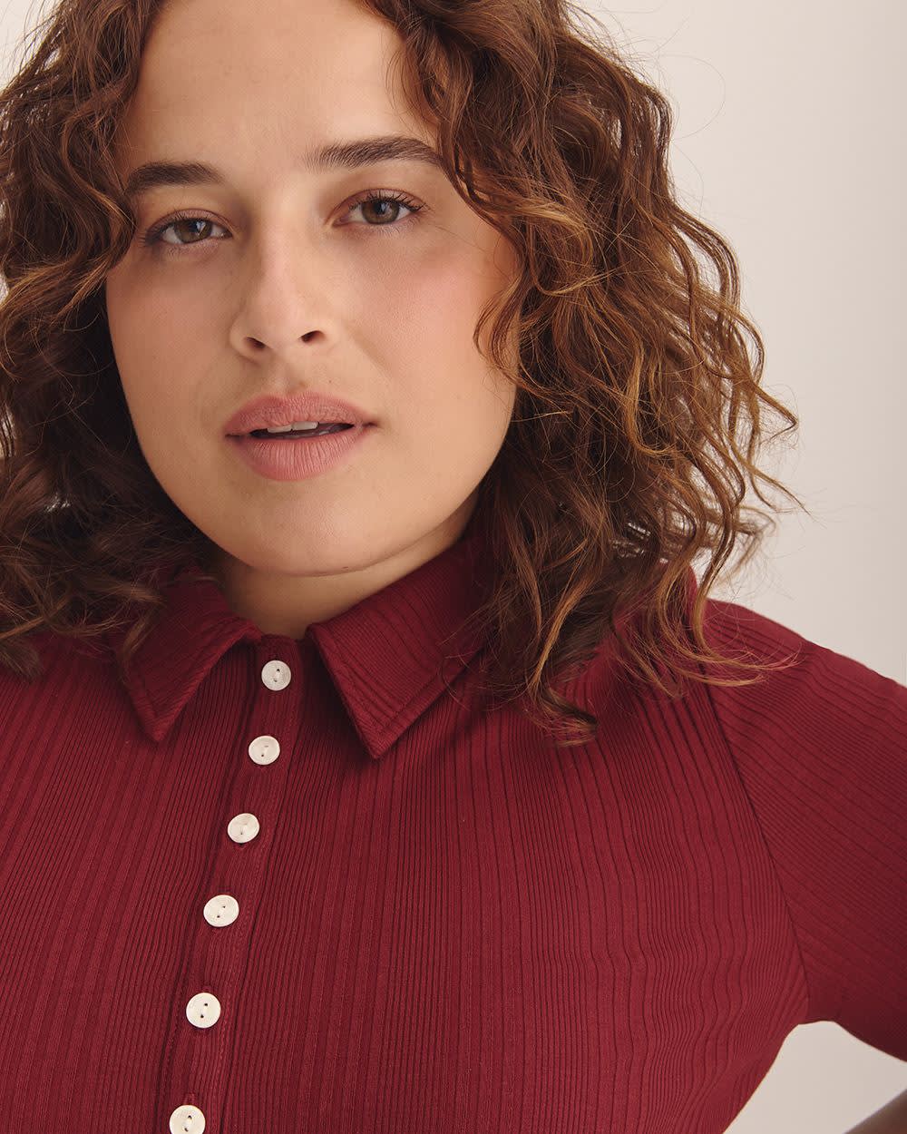 Ribbed Elbow-Sleeve Polo Knit Top Pomegranate 5 Ribbed Elbow-Sleeve Polo Knit Top Pomegranate