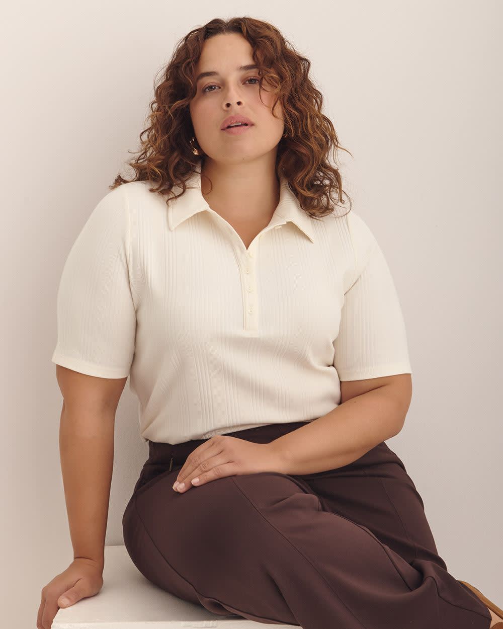 Ribbed Elbow-Sleeve Polo Knit Top Whisper white