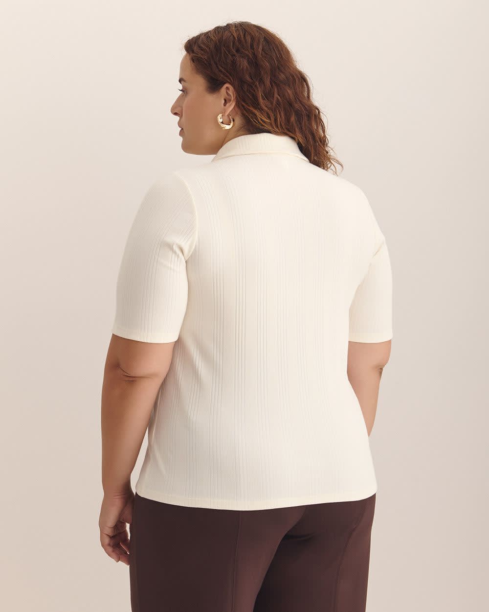Ribbed Elbow-Sleeve Polo Knit Top Whisper white