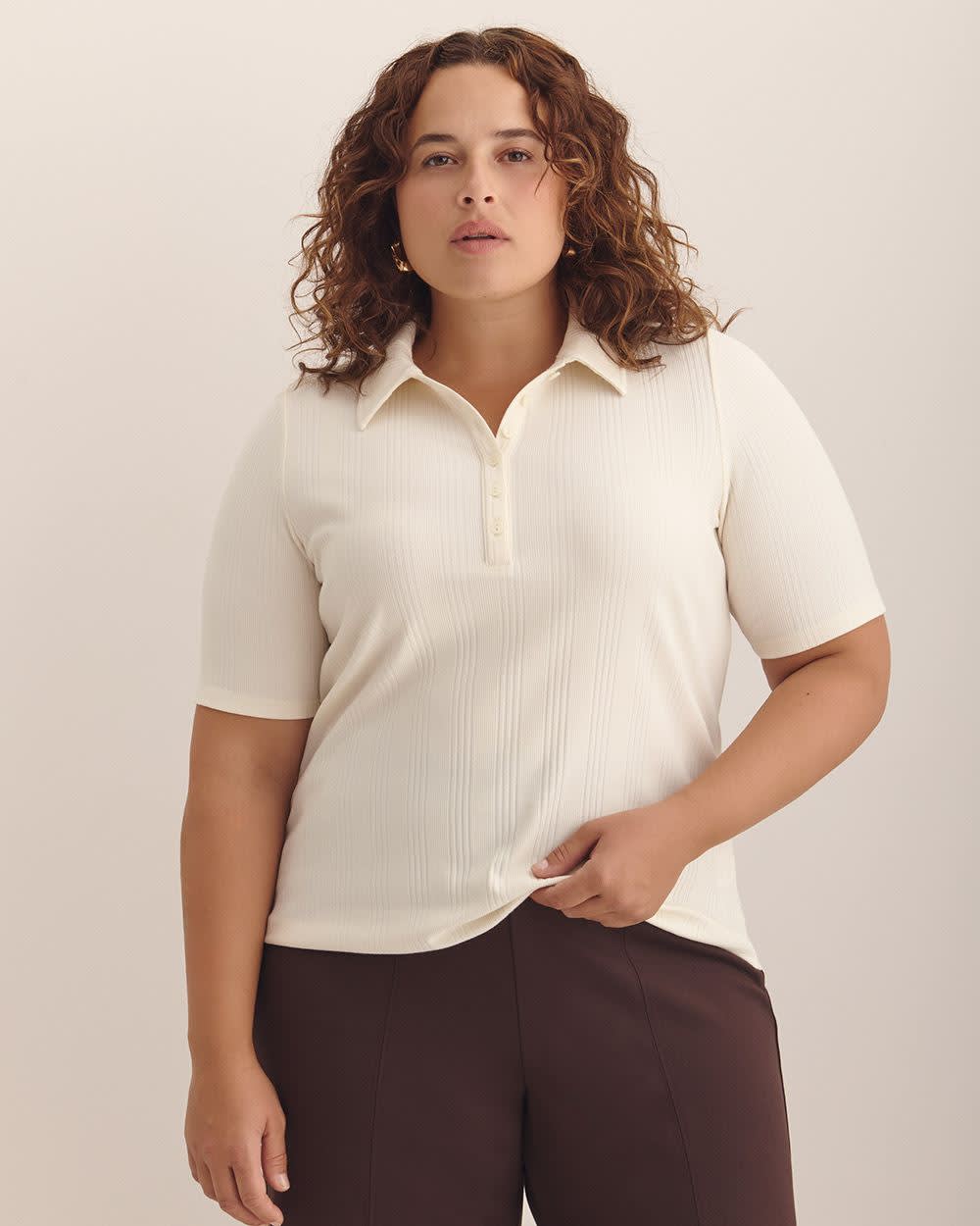 Ribbed Elbow-Sleeve Polo Knit Top Whisper white