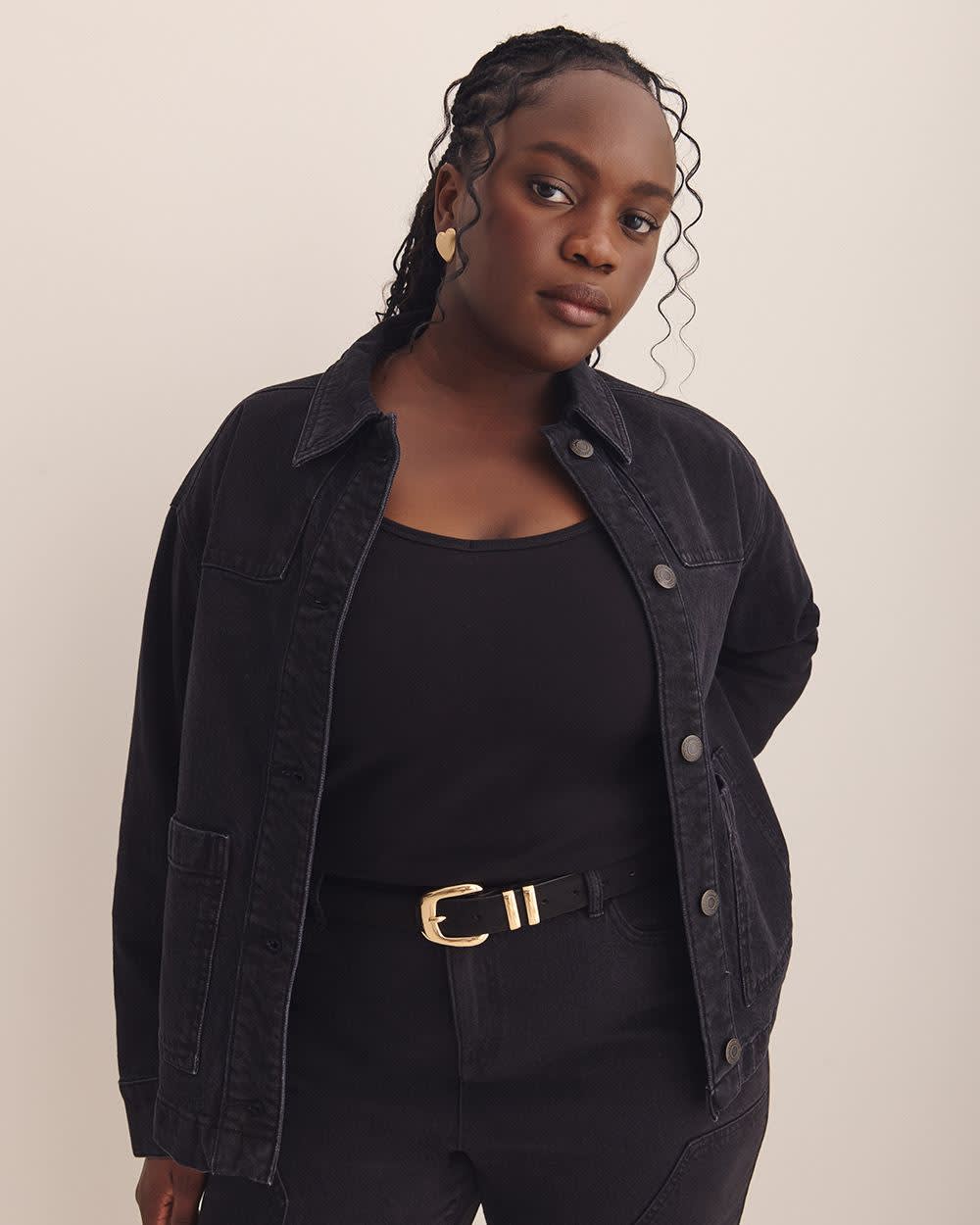 Cropped Utility Denim Jacket - Addition Elle Denim black 5 Cropped Utility Denim Jacket - Addition Elle Denim black