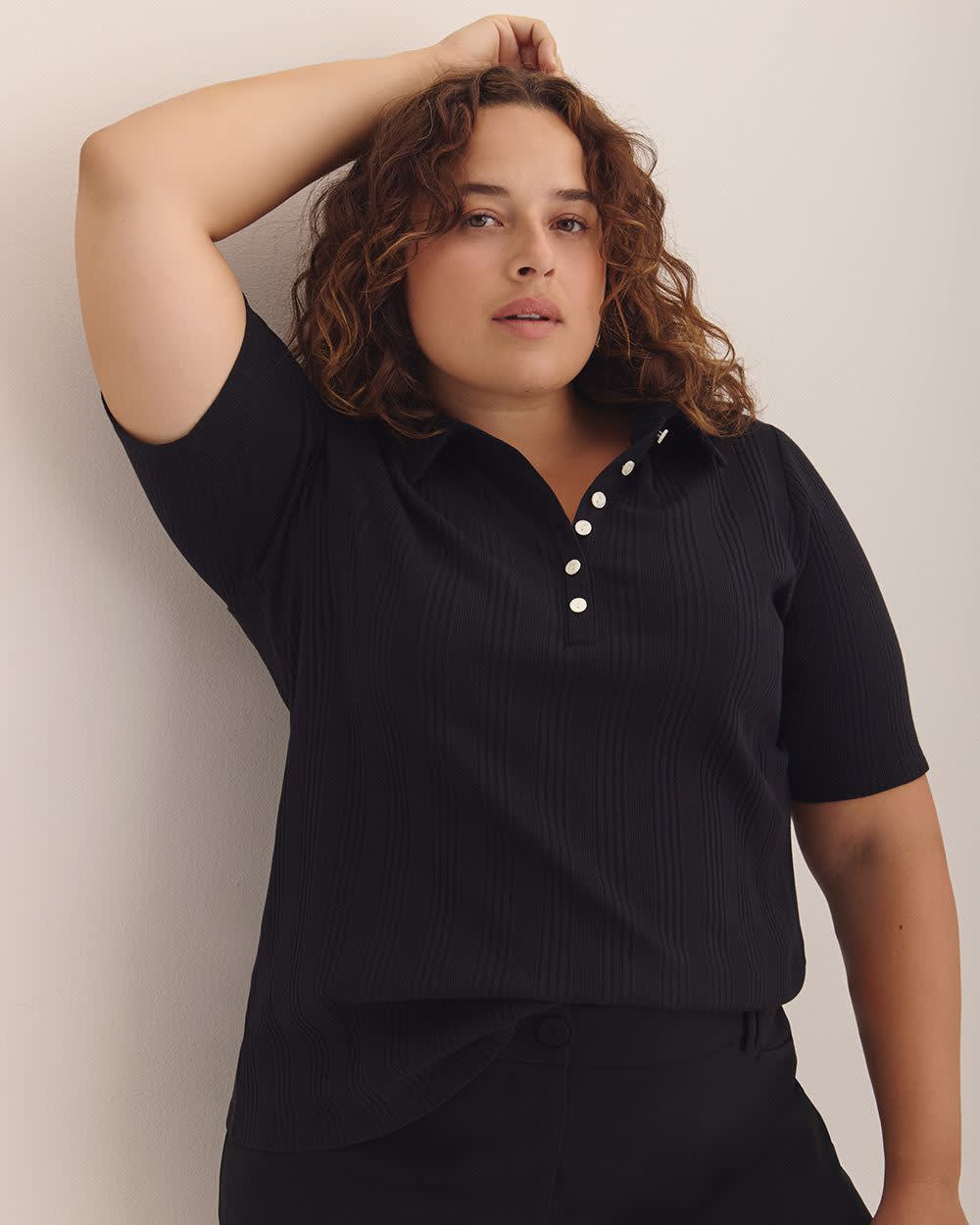 Ribbed Elbow-Sleeve Polo Knit Top Black 1 Ribbed Elbow-Sleeve Polo Knit Top Black
