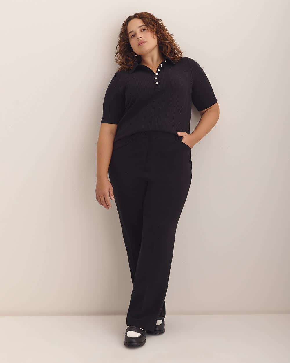 Ribbed Elbow-Sleeve Polo Knit Top Black 2 Ribbed Elbow-Sleeve Polo Knit Top Black