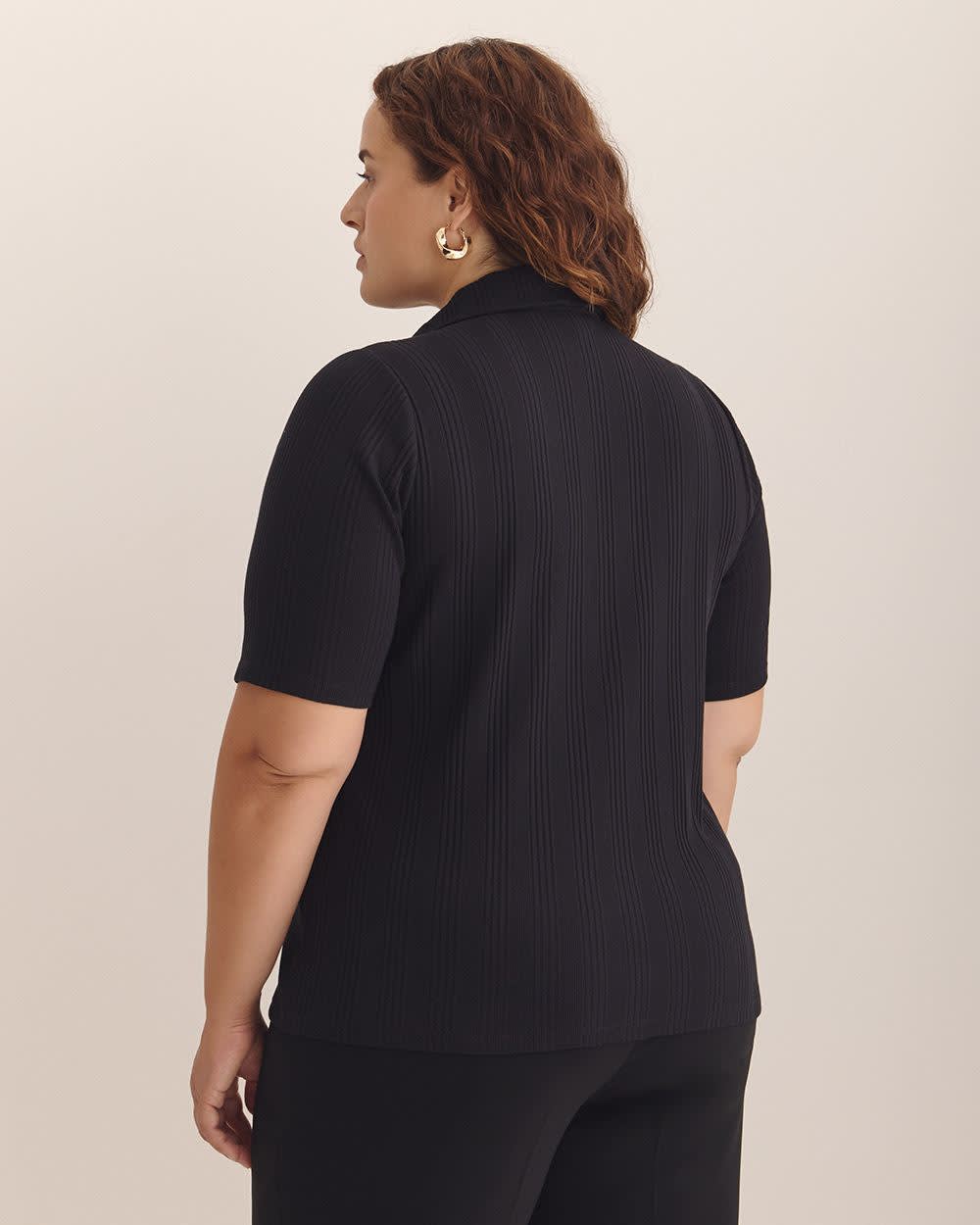 Ribbed Elbow-Sleeve Polo Knit Top Black 3 Ribbed Elbow-Sleeve Polo Knit Top Black