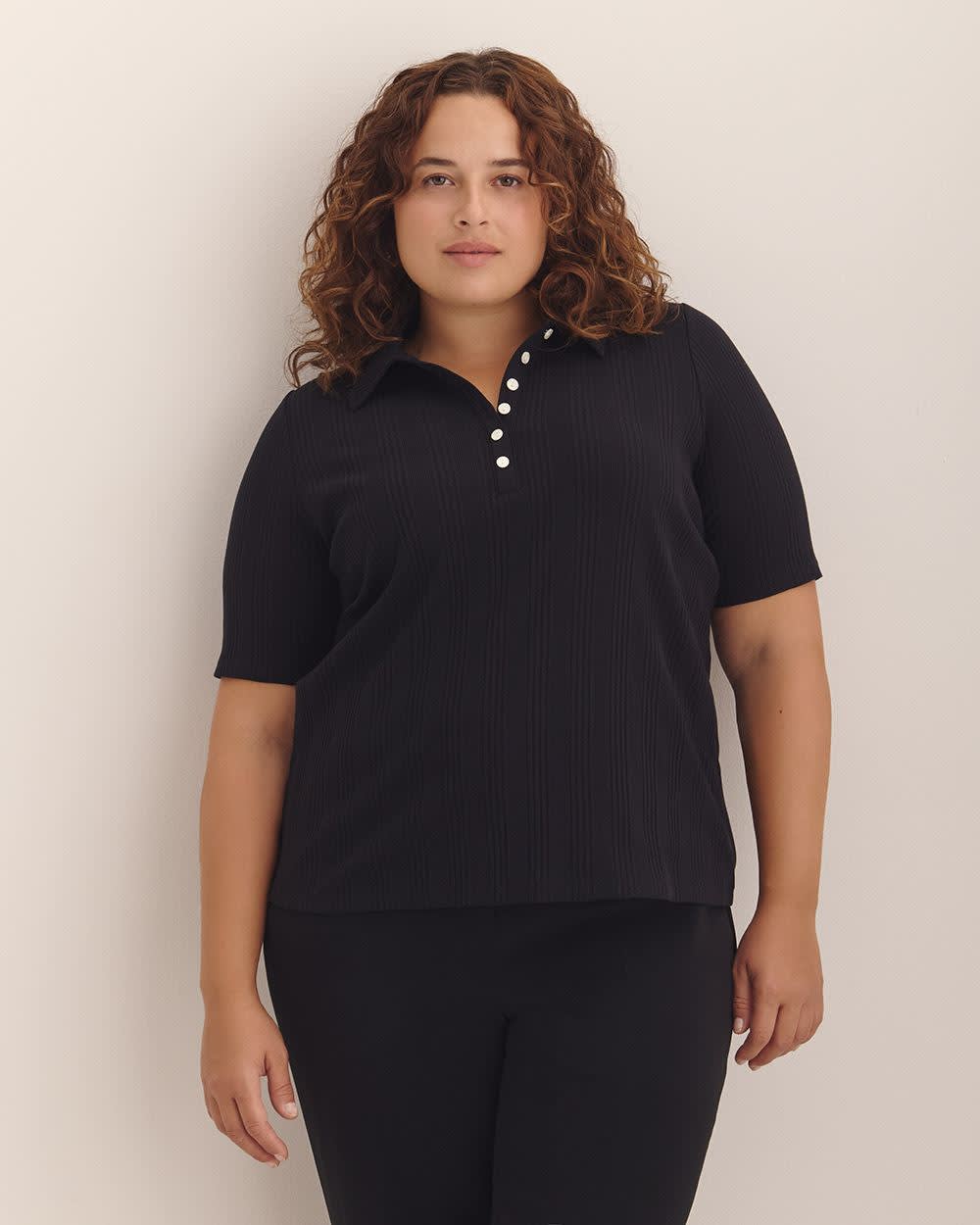 Ribbed Elbow-Sleeve Polo Knit Top Black 4 Ribbed Elbow-Sleeve Polo Knit Top Black