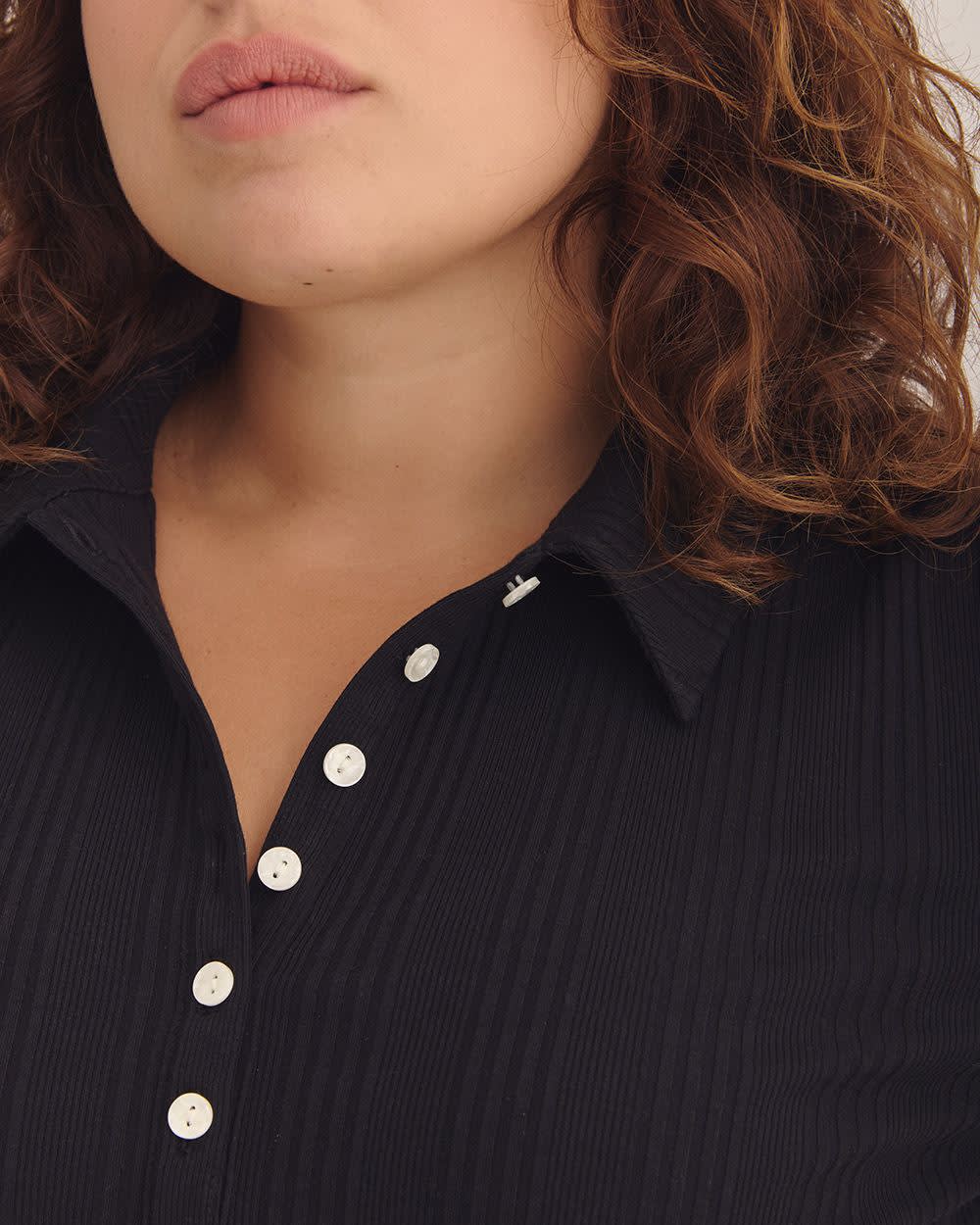 Ribbed Elbow-Sleeve Polo Knit Top Black 5 Ribbed Elbow-Sleeve Polo Knit Top Black