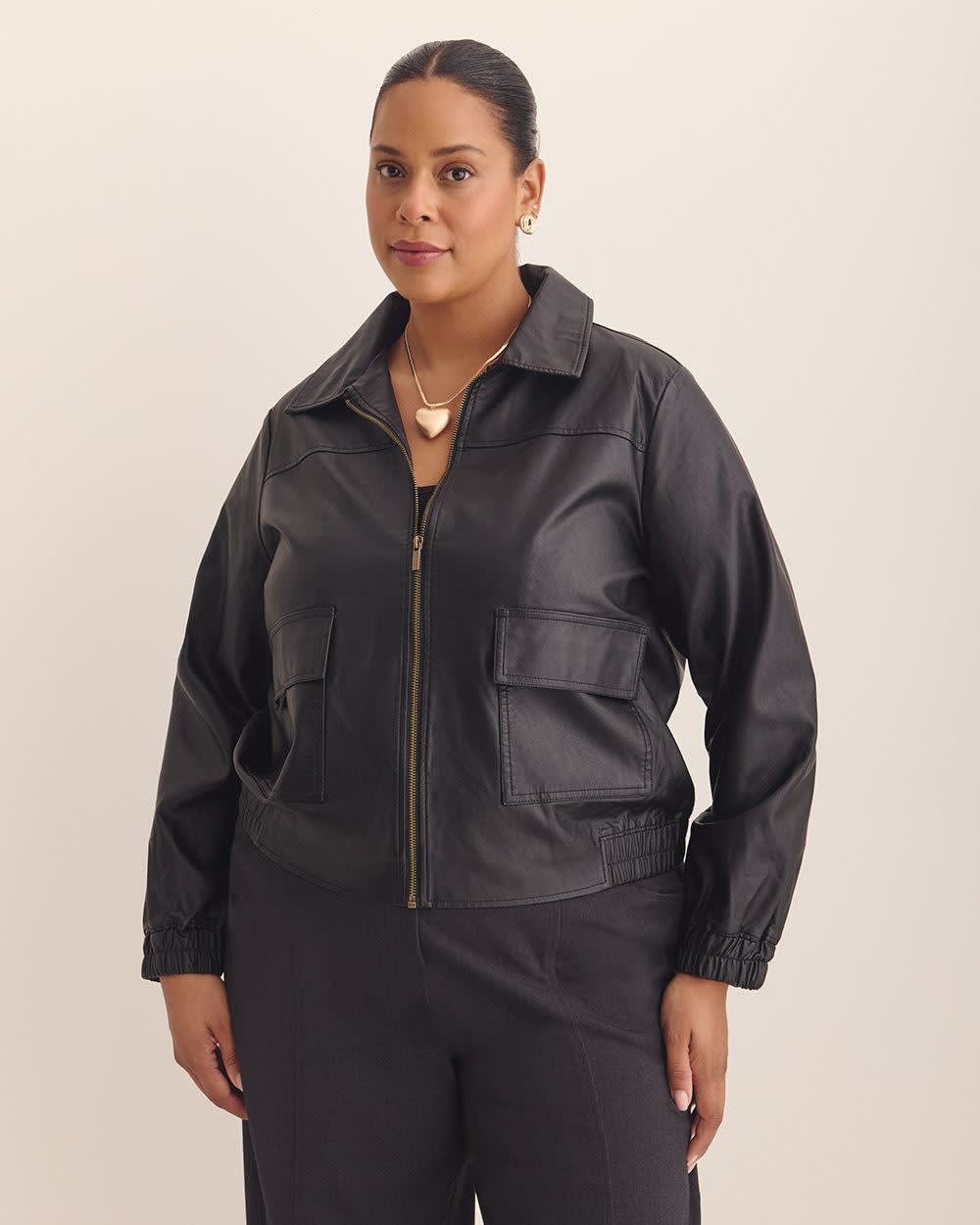 Short Faux Leather Bomber Jacket Black