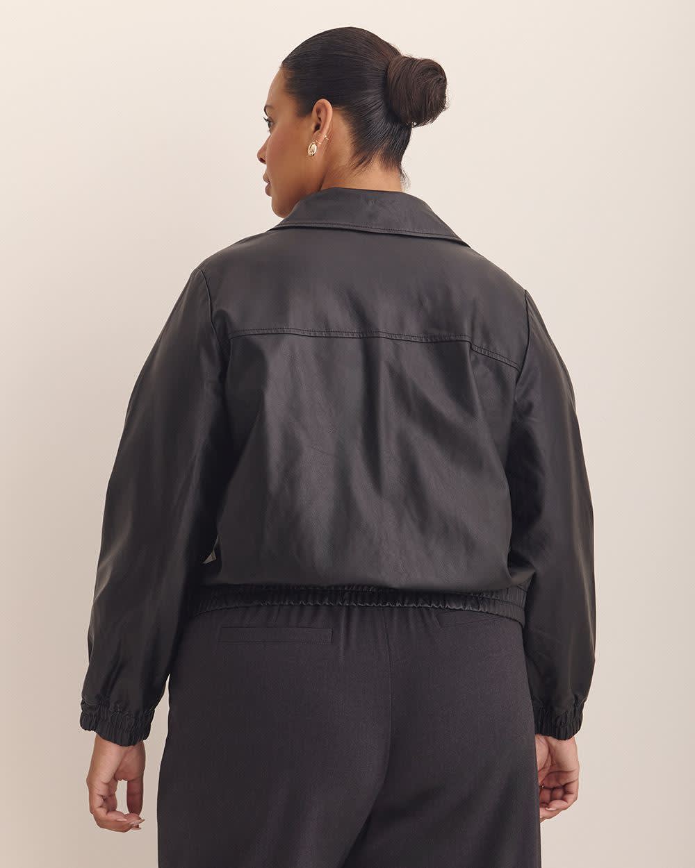 Short Faux Leather Bomber Jacket Black