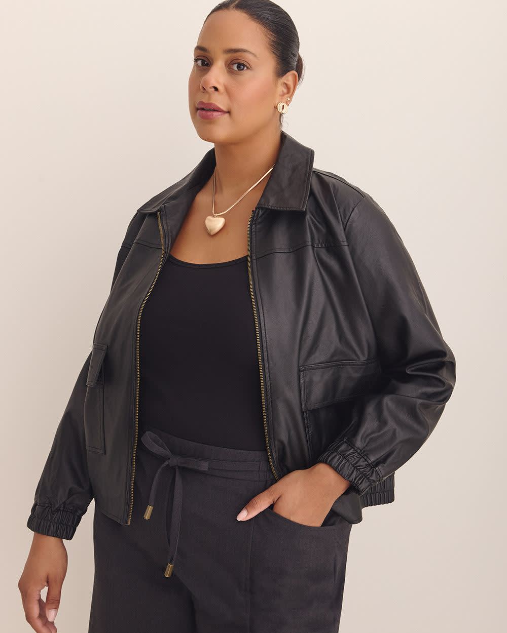 Short Faux Leather Bomber Jacket Black