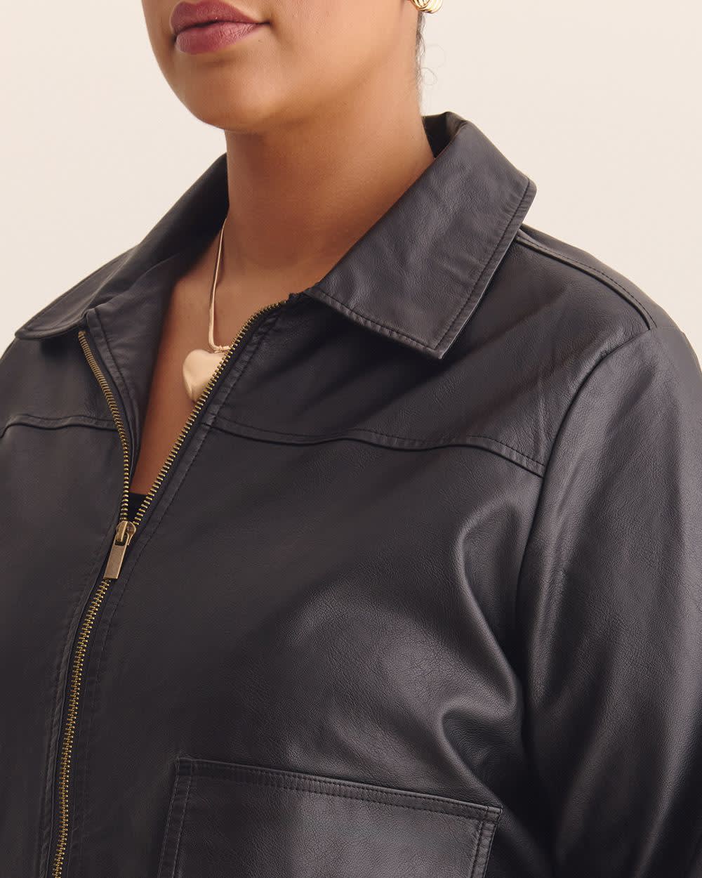 Short Faux Leather Bomber Jacket Black