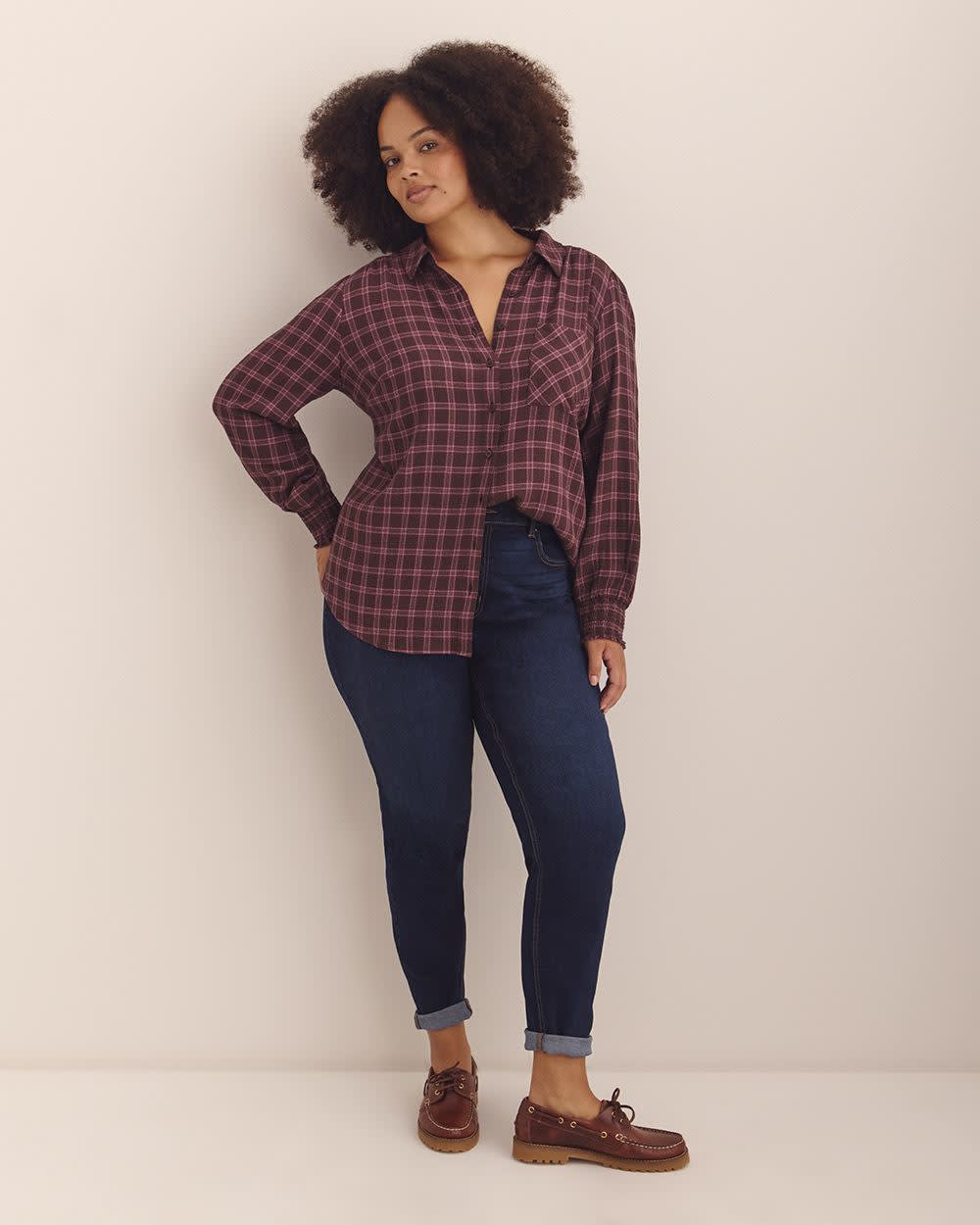 Plaid Long Buttoned-Down Shirt Chocolate Brown Plaid
