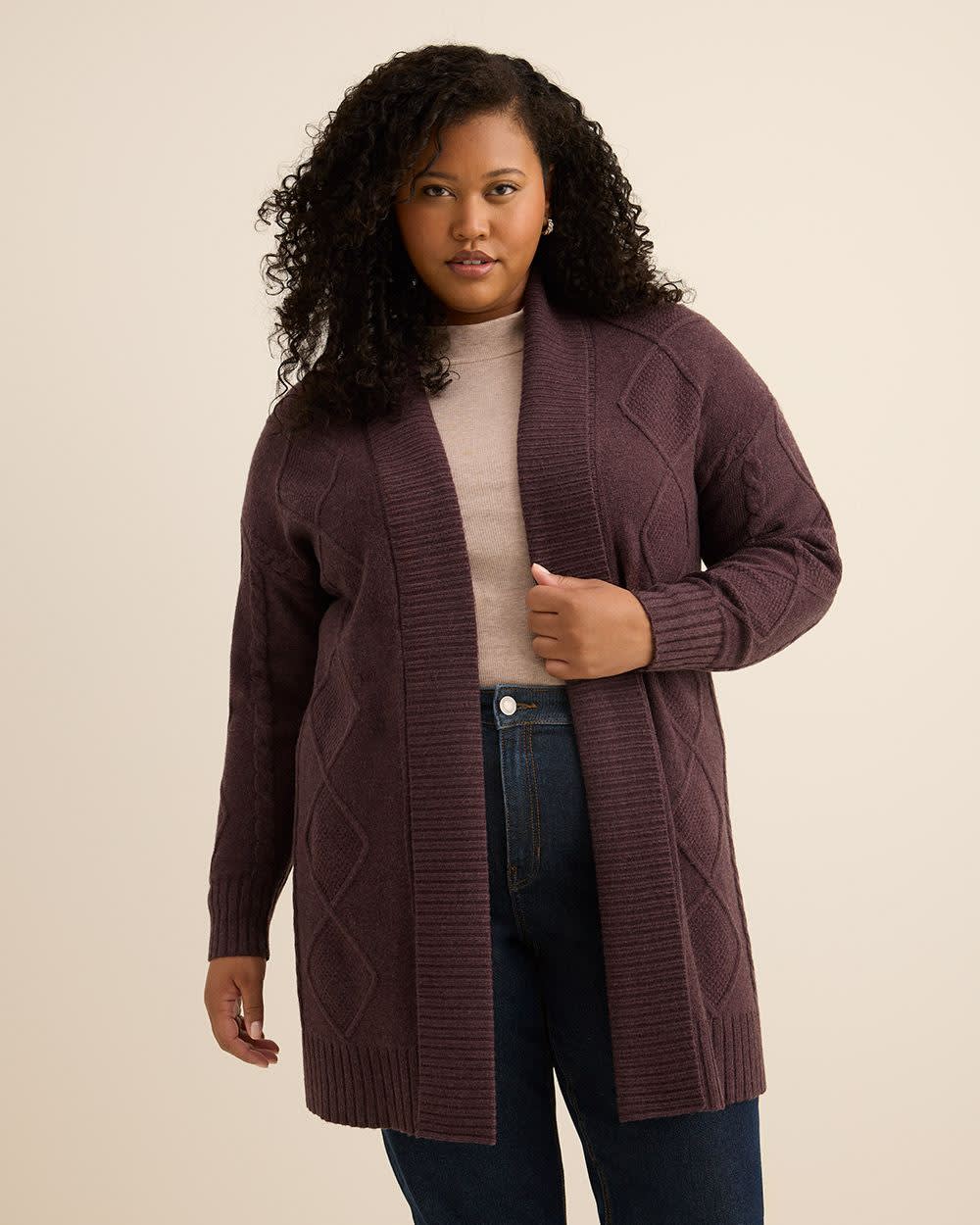 Tunic Sweater Cardigan with Cable Stitch Details Dark plum wine mix 1 Tunic Sweater Cardigan with Cable Stitch Details Dark plum wine mix