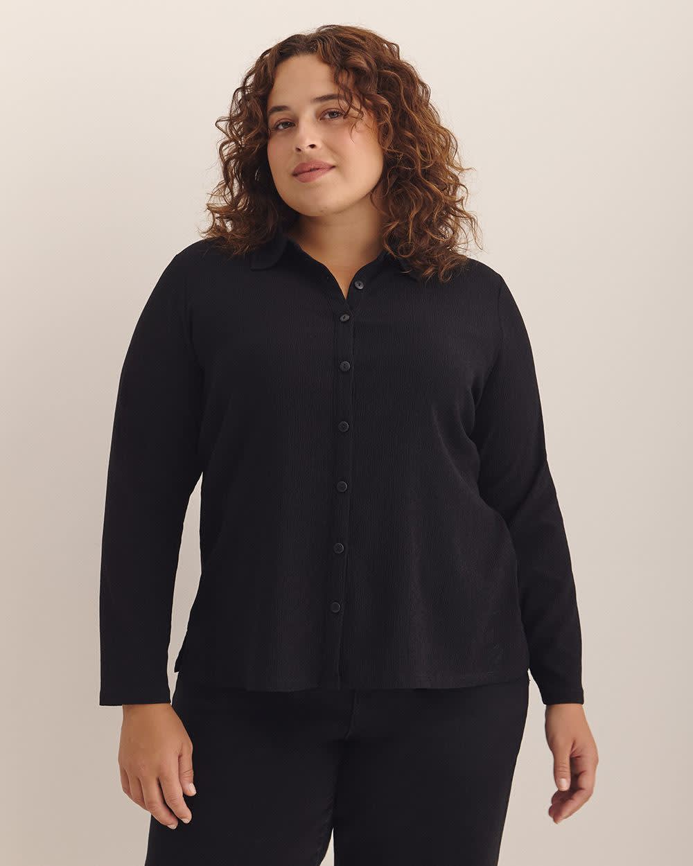 Dark Buttoned-Down Textured Knit Shirt Black 1 Dark Buttoned-Down Textured Knit Shirt Black