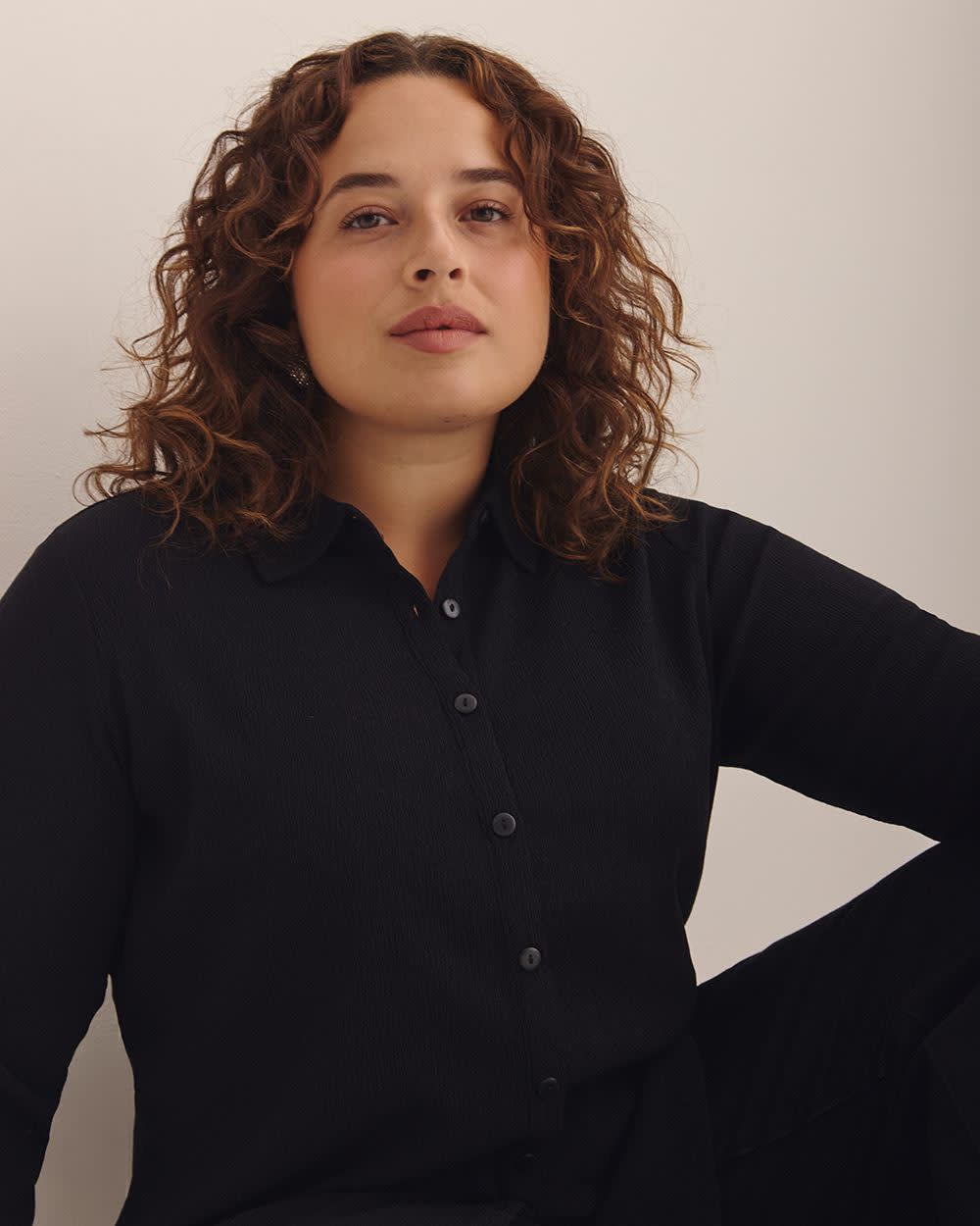 Dark Buttoned-Down Textured Knit Shirt Black 4 Dark Buttoned-Down Textured Knit Shirt Black