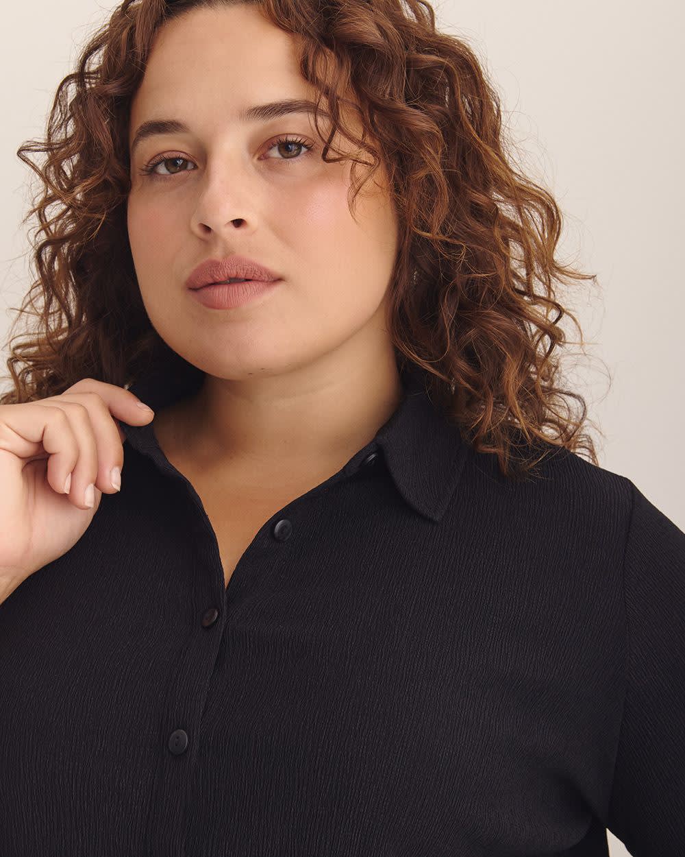 Dark Buttoned-Down Textured Knit Shirt Black 5 Dark Buttoned-Down Textured Knit Shirt Black