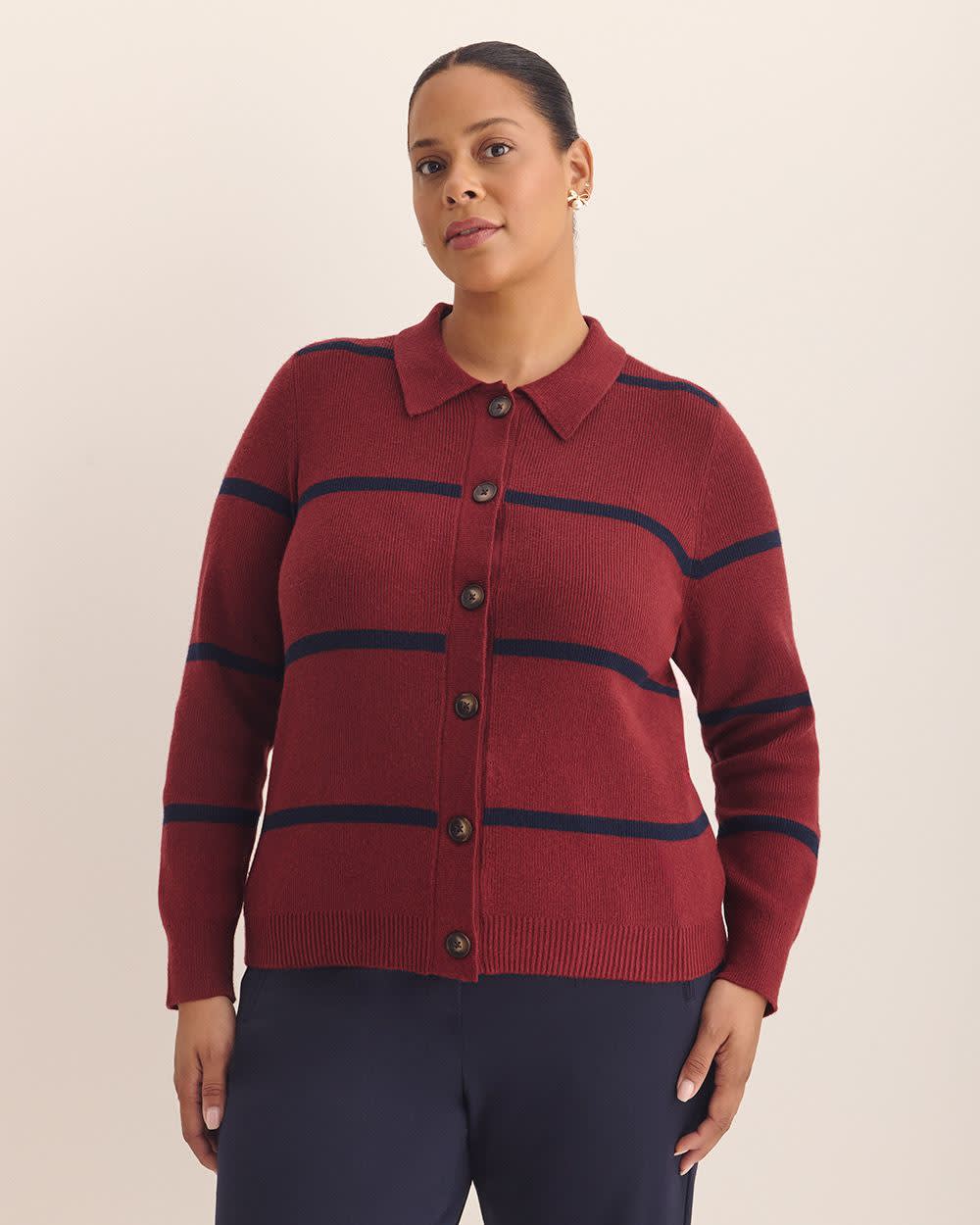 Responsible, Striped Buttoned-Down Polo Sweater Cardigan Pomegranate 1 Responsible, Striped Buttoned-Down Polo Sweater Cardigan Pomegranate