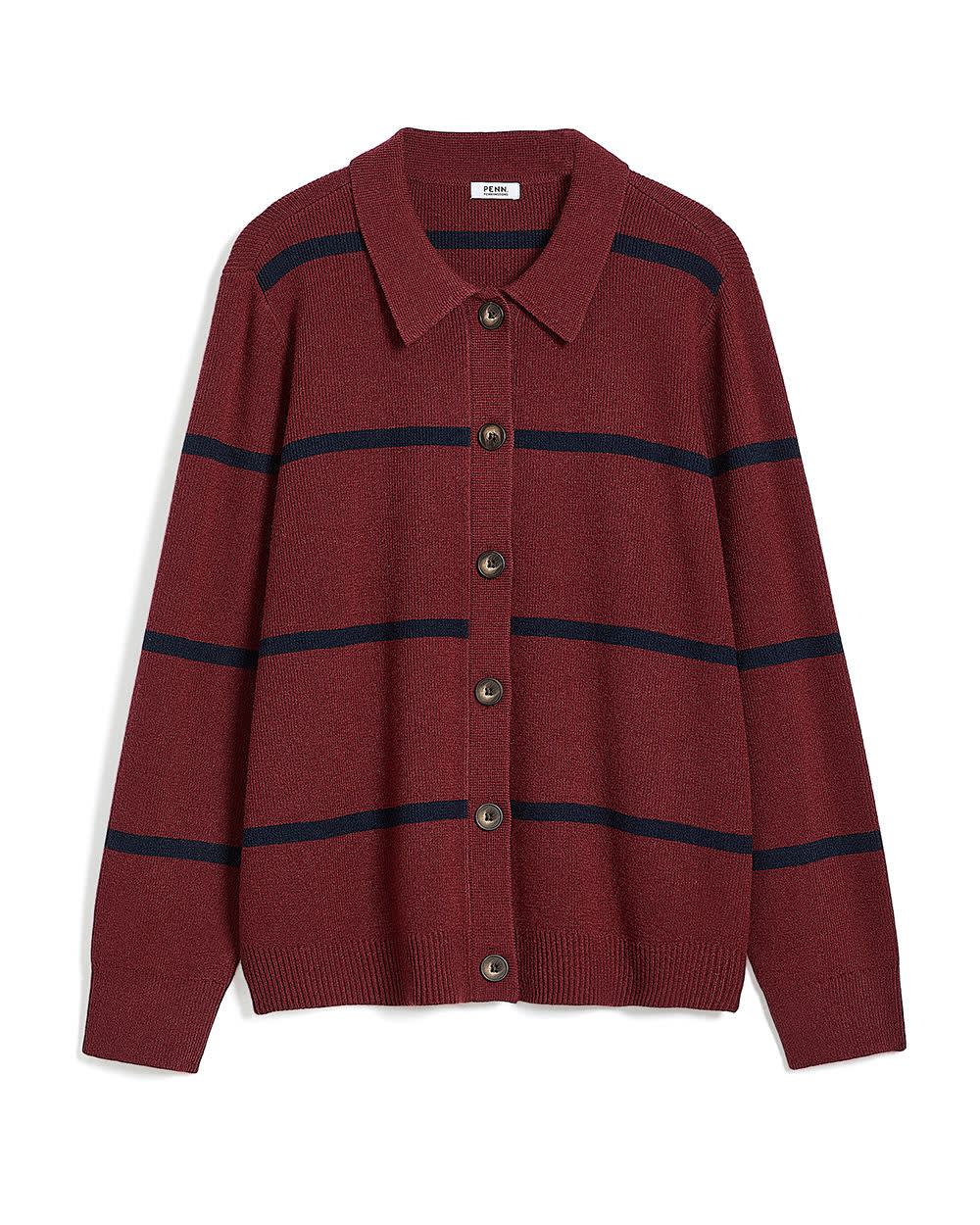 Responsible, Striped Buttoned-Down Polo Sweater Cardigan Pomegranate 6 Responsible, Striped Buttoned-Down Polo Sweater Cardigan Pomegranate